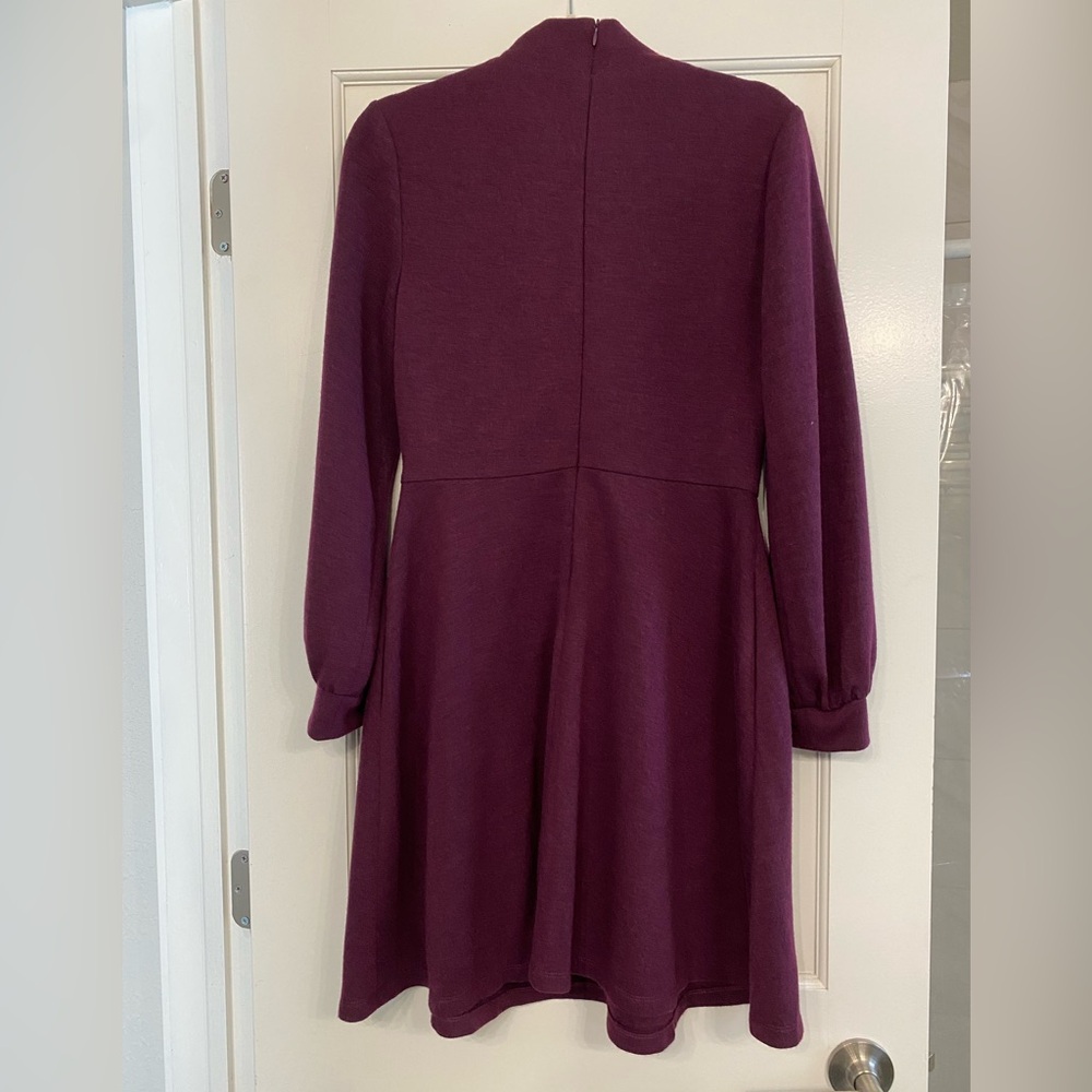 Gal Meets Glam Plum Bow-Detail Long-Sleeve Fit-and-Flare Dress - Picture 3 of 7